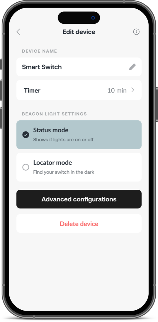 Deako app, light mode — device settings with beacon status and locator modes