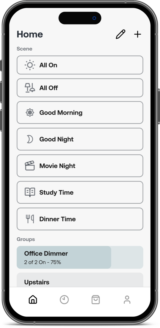 Deako app, light mode — scenes on the home screen