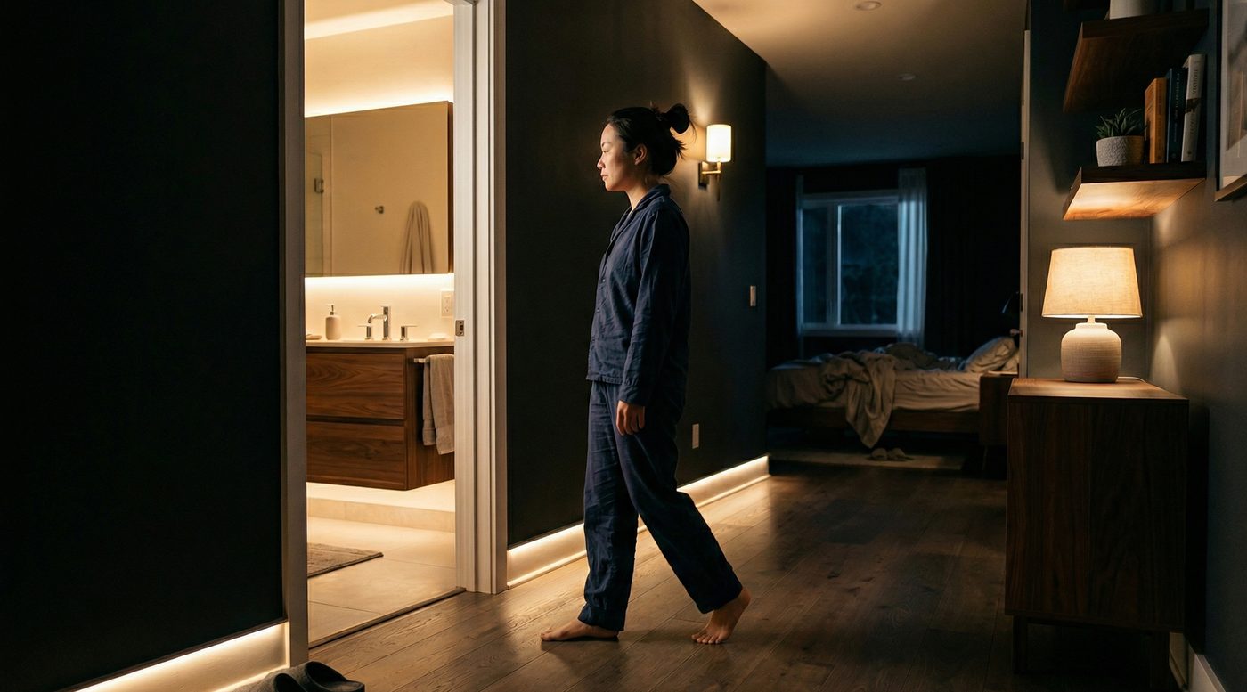 Deako Intelligence night scene: a woman walks a dark hallway lit by low pathway lighting