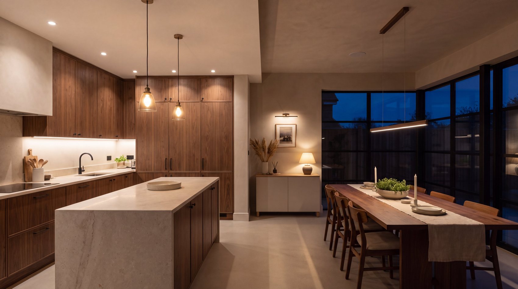 A modern kitchen and dining room at dusk, warm under-cabinet and pendant light, no people