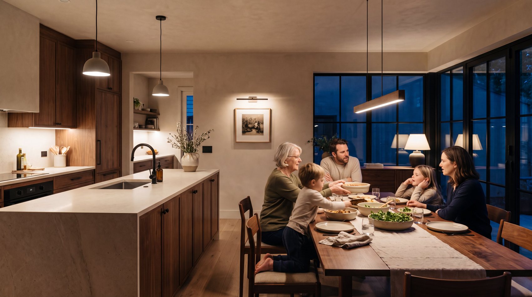A family eating dinner together at a kitchen table in warm evening light