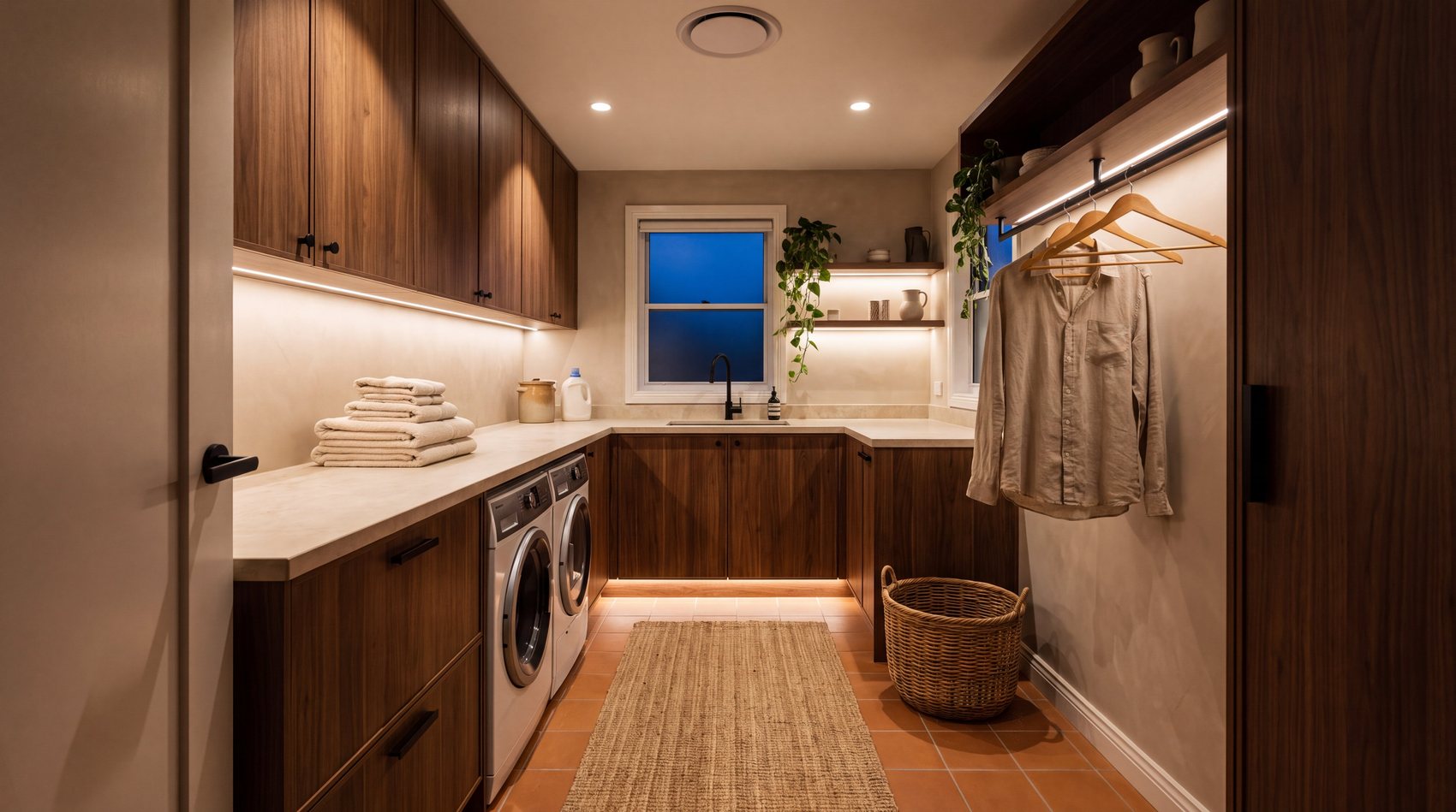 A laundry room in the evening with warm task lighting, no people