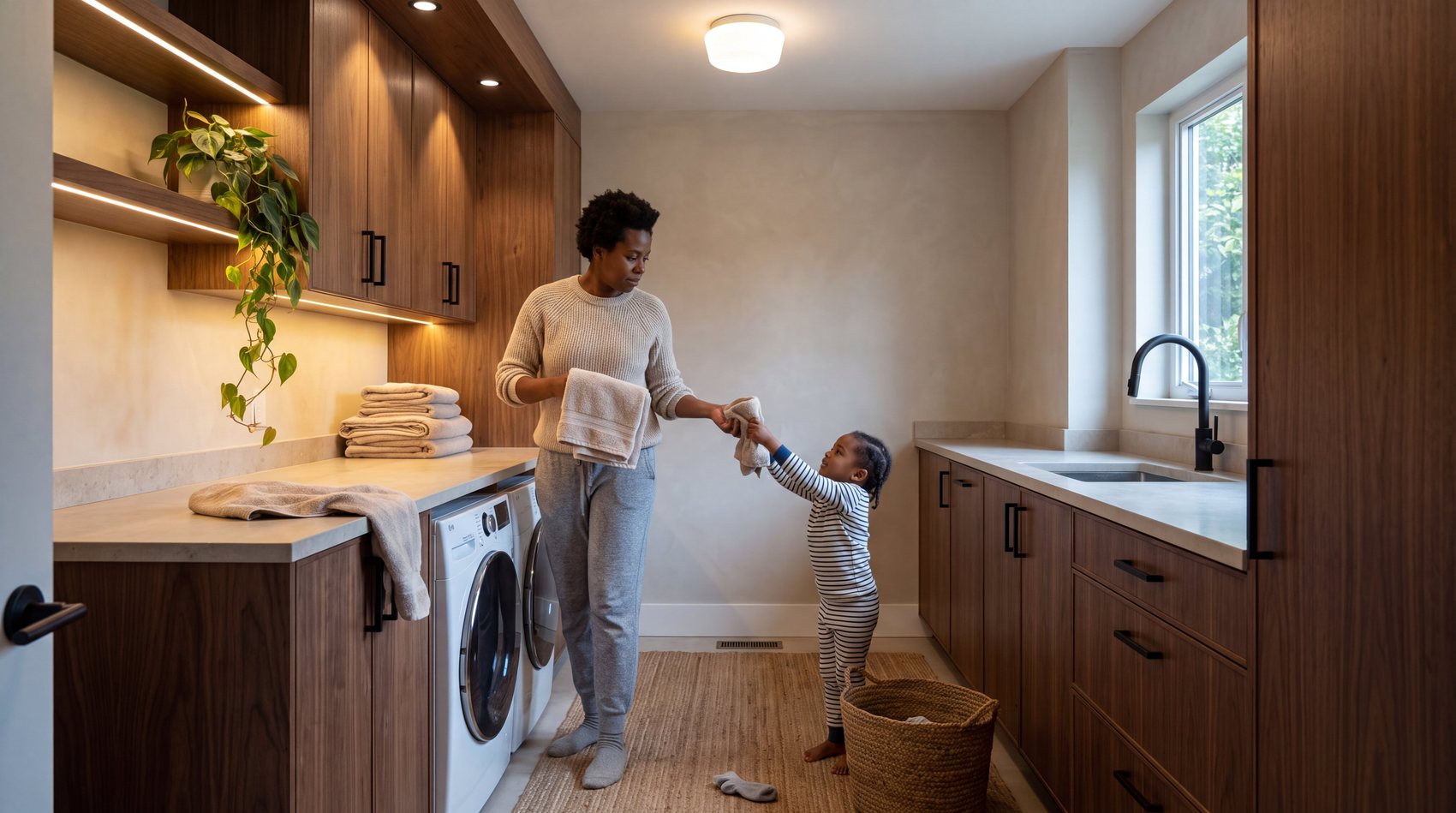 A parent and child folding laundry together in a warmly lit laundry room