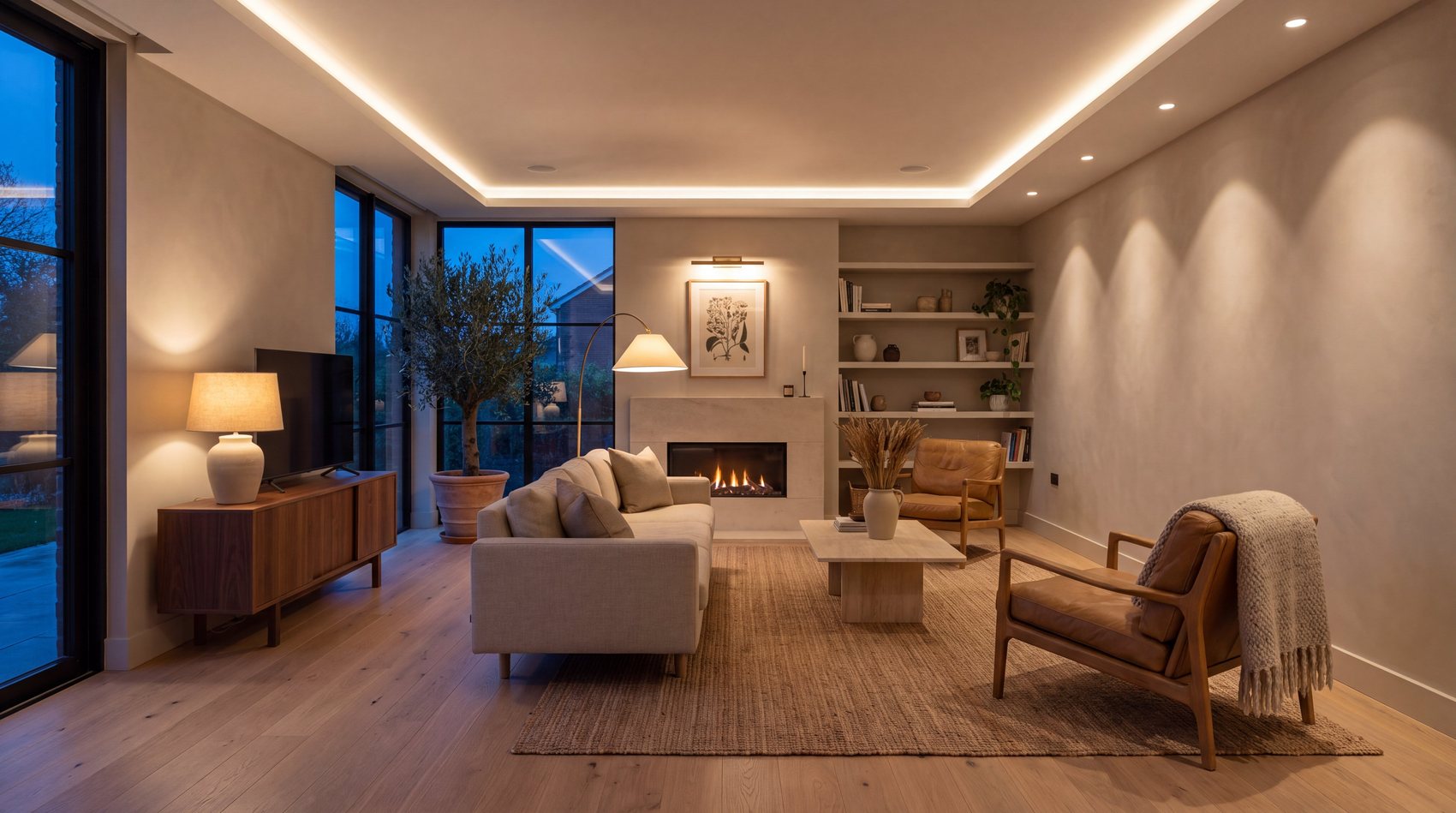A modern living room in the evening, cove lighting and a lit fireplace, no people