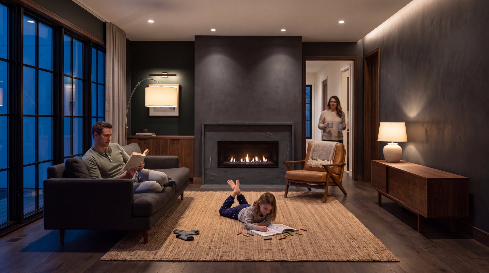 A family reading together by the fireplace in a warmly lit living room