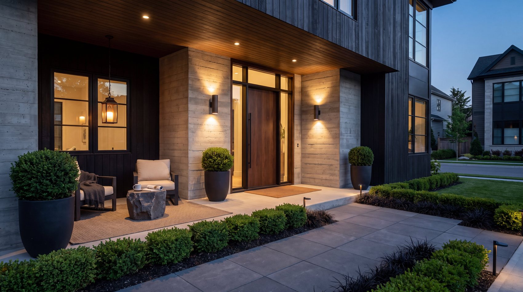 A modern front porch at dusk, wall sconces and path lighting on, no people