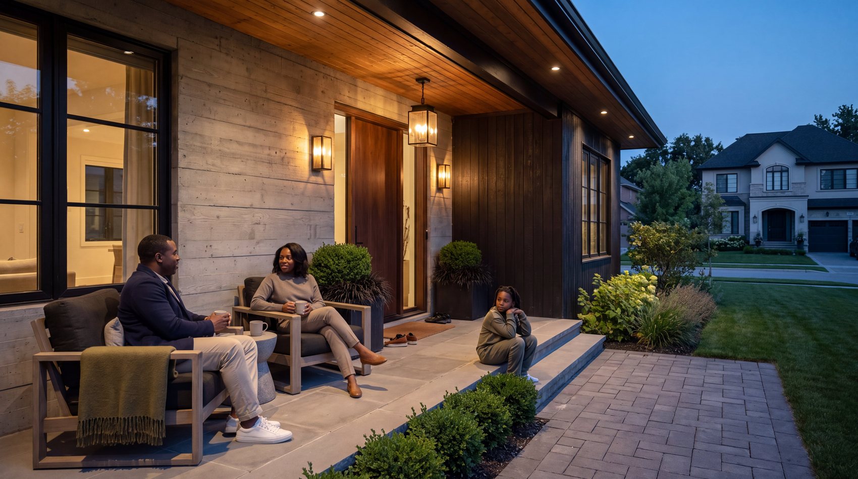 A family sitting on a front porch in the evening under warm sconce light
