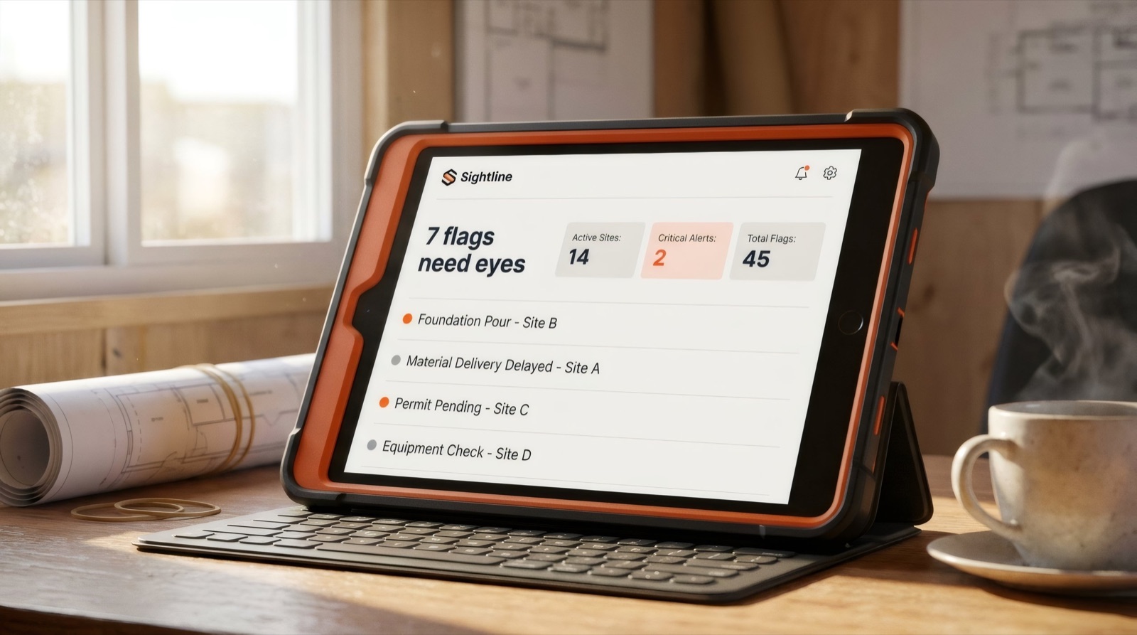 Sightline web dashboard on a rugged tablet in an orange case, headline reading seven flags need eyes with site stats