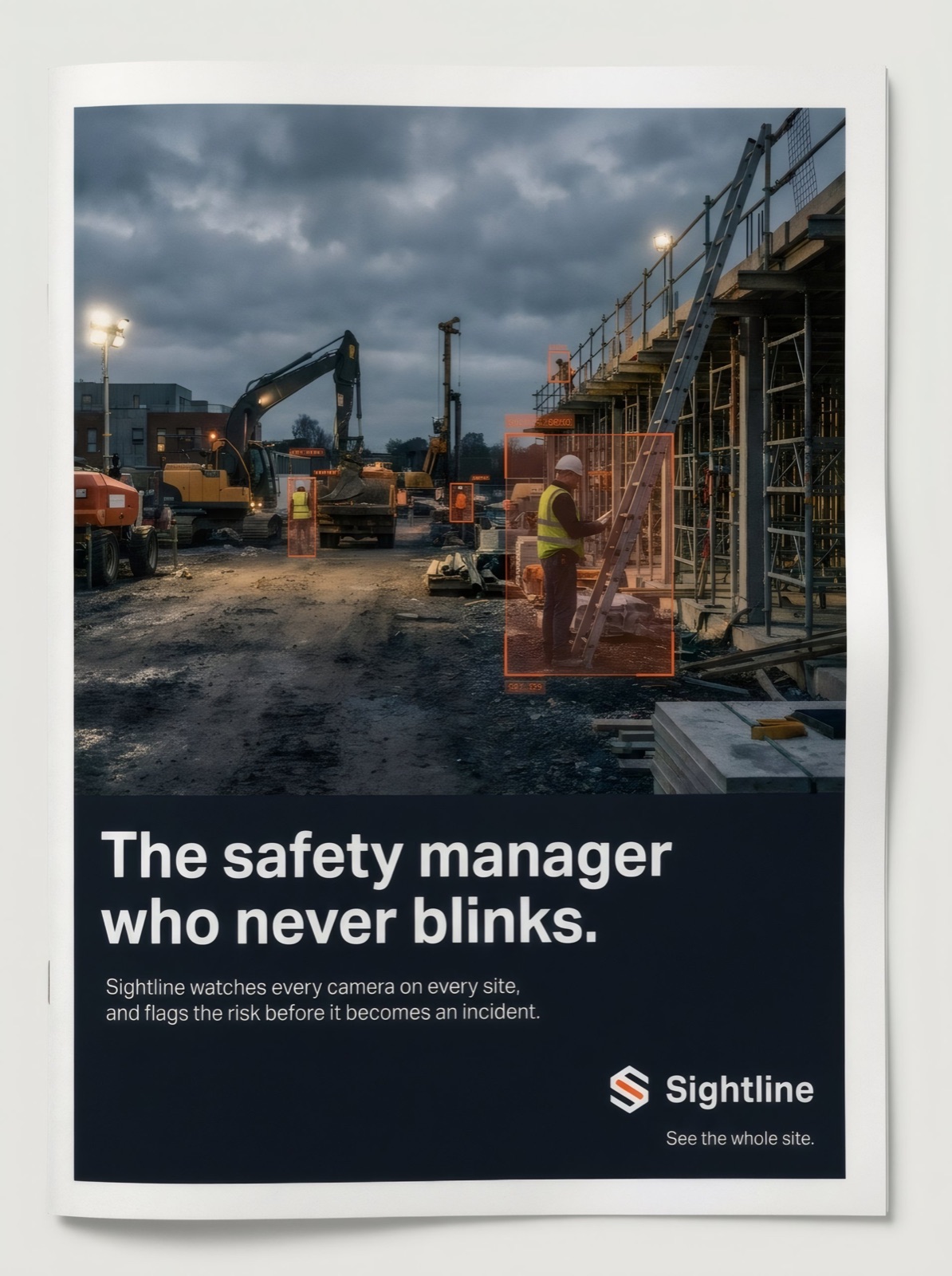 Full-page trade magazine ad with a jobsite photo and detection boxes, headline: the safety manager who never blinks
