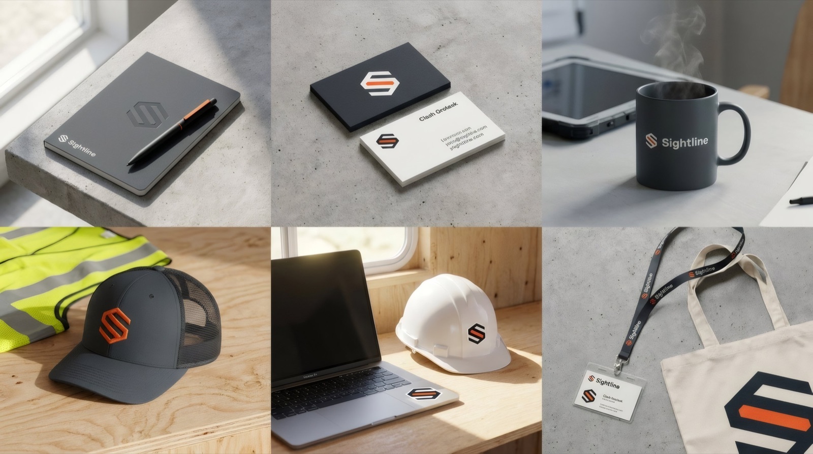 Sightline brand collateral laid out together — notebook, business cards, mug, cap, hard hat, hi-vis vest, lanyard and tote