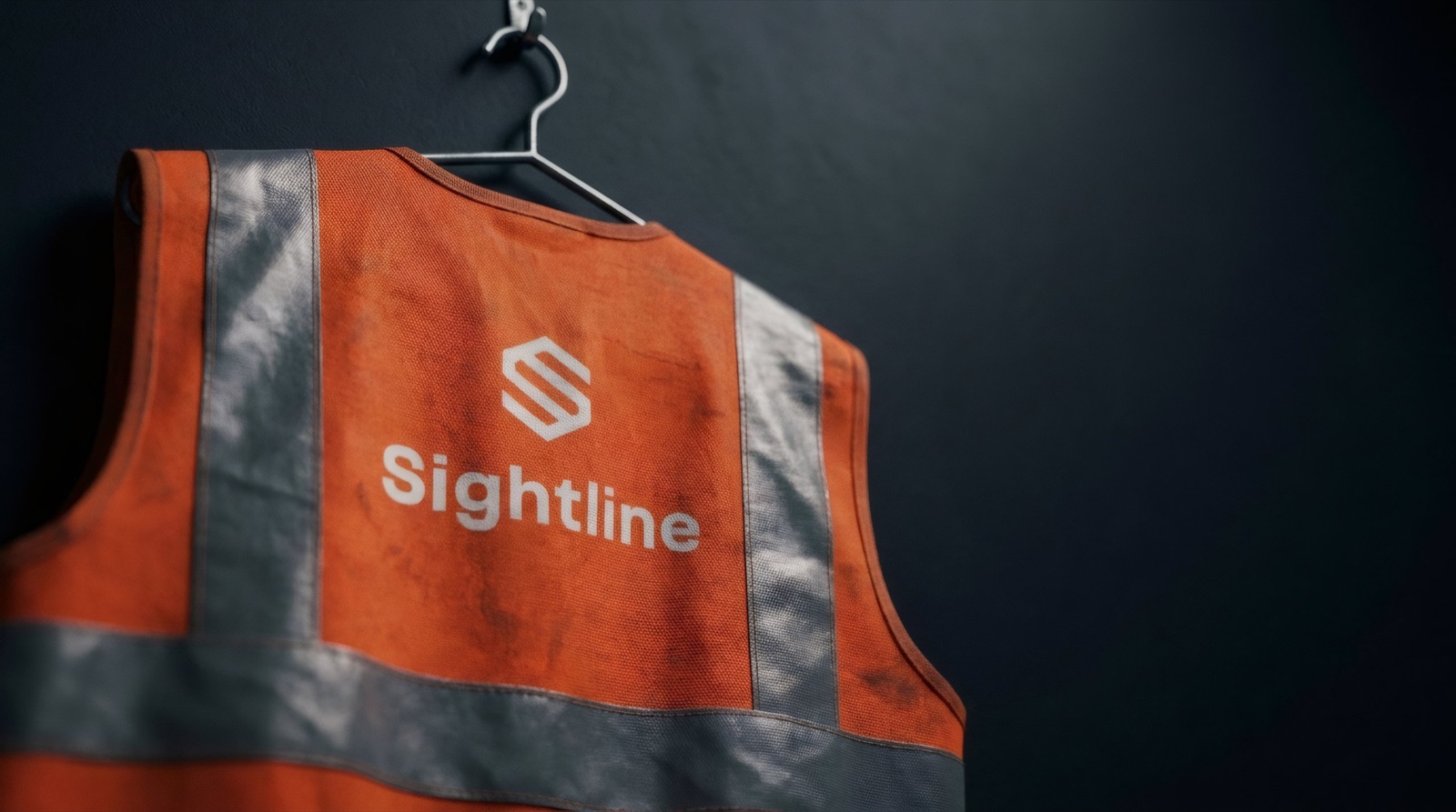 Reversed white Sightline lockup printed on a hi-vis orange safety vest hanging on a hook